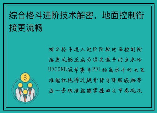 综合格斗进阶技术解密,地面控制衔接更流畅 综合格斗进阶技术解密,地面控制衔接更流畅